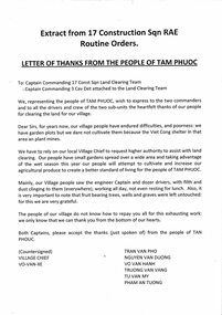 A Copy of an Extract from 17 Construction Sqn RAE Routine Orders: Letter of Thanks From the People of Tam Phuoc