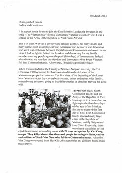 A Copy of a Speech given by Nugyen Viet Long on 30 March 2014 regarding the Dual Identity Leadership Program