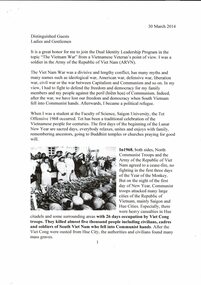 A Copy of a Speech given by Nugyen Viet Long on 30 March 2014 regarding the Dual Identity Leadership Program