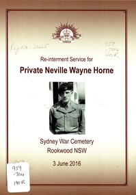 Copy of the Service for Pte Neville Wane Horne.