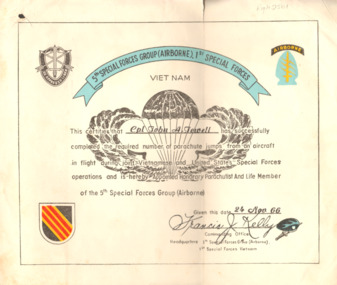 A certificate that certifies that Cpl John A Jewell appointed Honorary Parachutist