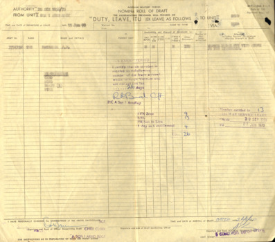 Draft Form (Leave, Duty etc.), yellow with black type, carbon copy, 5 purple-coloured official stamps, dated and signed