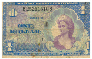 Military Payment Certificate, $1, Blue, Teal & Umber, #B25251510B-7