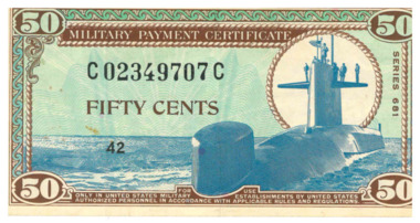 Military Payment Certificate, 50 Cents, green & blue, # C02349707C-42