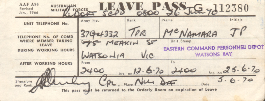 Leave Pass Number G112380 / Army No. 3794332 Tpr McNamara J.P. 