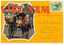 An orange coloured postcard with the words "Vietnam the land and the people" with a green postage stamp featuring yellow-tailed Thornbill. 