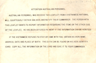 Yellowing leaflet addressed to Australian personnel. All information is printed in upper case and same font size. 