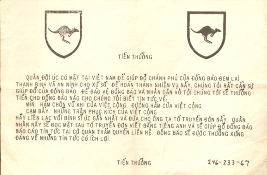Yellowing leaflet addressed to Australian personnel. Reverse side has two shields with a kangaroo in each.