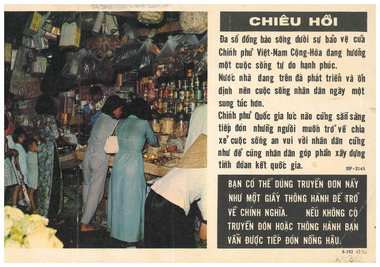 Colour picture of women and children in a grocery/food store with Vietnamese writing in black on white and white on black. 