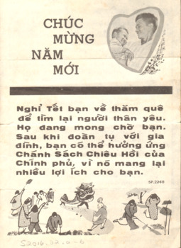 Leaflet with black print showing a picture of man holding a child inside a heart shape. Vietnamese script. Drawings of people around a dragon.