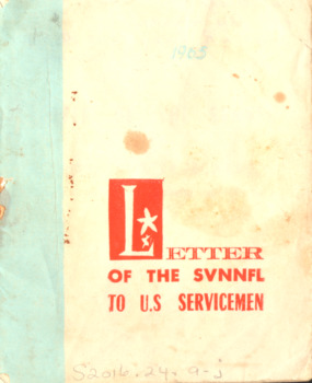 Yellowing booklet with red print and teal/blue edge over spine. Date 1965 in teal