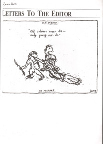 Photocopy. Black print on white. Cartoon by Leunig. Sketch of two soldiers dragging another soldier along the ground