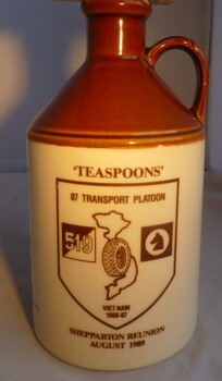 Unopened cream and tan jug depicting the 87 Tpt PL Shepperton Reunion Aug 89