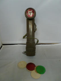 Olive green plastic with coloured filters stored in handle.