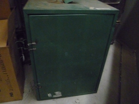 Green coloured metal ventilated food safe with removable shelves and food hanging hooks.