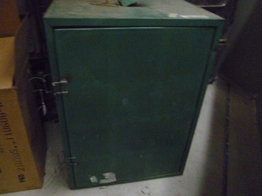 Green coloured metal ventilated food safe with removable shelves and food hanging hooks.