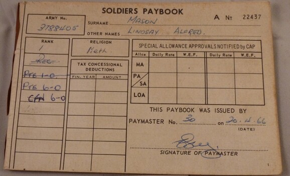 Soldiers Paybook for Lindsay Alfred Mason - 3788405