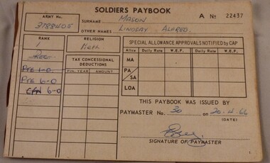 Soldiers Paybook for Lindsay Alfred Mason - 3788405