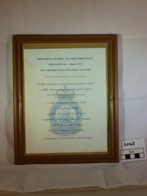 Certificate - Framed certificate, Honours & Awards, No 9 Squadron, 1966-1971