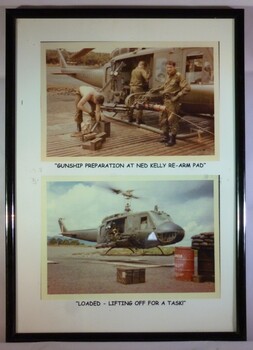 Two Coloured Photographs of Soldiers Near a Helicopter and a Helicopter Lifting Off