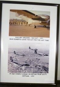 A Framed Colour and Black and White Photograph of Wallably Airlines and 35 Sqn