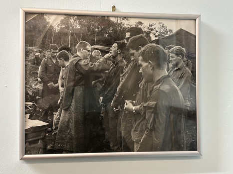 A Black and White Photograph of Soldiers Attending an Outdoor Church Service