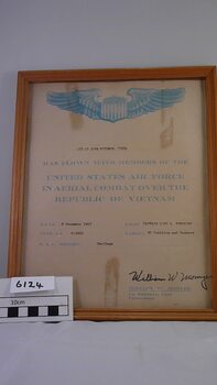 Certificate (original ) From United States Air Force. Stating 1st. Lt. John  Methven 37604 has flown in combat with US. Forces over Vietnam