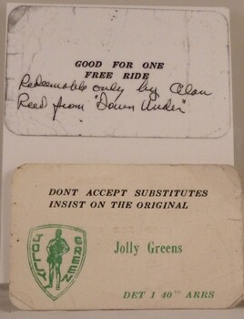 ' Jolly Greens ' card / tickets to ride  used in rescue operations for downed American airmen through out the Vietnam War.