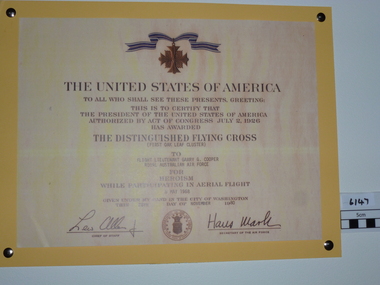 Certificate - Certificate, replica, The Distinguished Flying Cross, 1980
