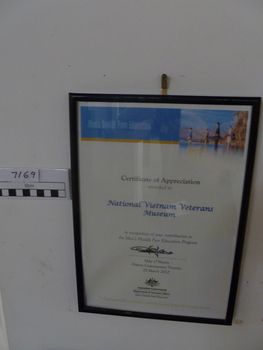 Black framed A4 Certificate of Appreciation from Mens' Health Peer Education, Veterans Affairs