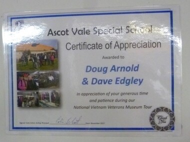 Laminated A4 Certificate of Appreciation from the Ascot Vale Special School