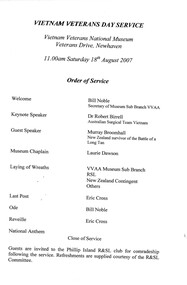 A copy of Vietnam Veterans Day Service, Order of Service Running Sheet and Speeches given on the 18th August, 2007 at the NVVM.