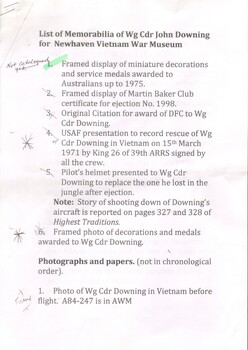 List of Memorabilia of Wg Cdr John Downing for Newhaven Vietnam War Museum
