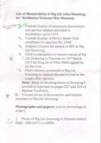 List of Memorabilia of Wg Cdr John Downing for Newhaven Vietnam War Museum