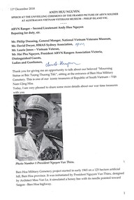 A Copy of Speech given at the unveiling ceremony of the framed picture of ARVN soldier at Australian Vietnam Veterans Museum