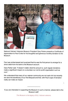 Photograph of Gary Parker presenting a Certificate of Appreciation to Paul Croke.