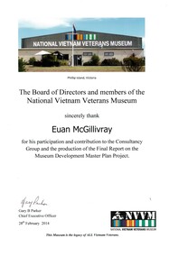 The Board of Directors and members of the National Vietnam Veterans Museum sincerely thank Euan McGillivray. 
