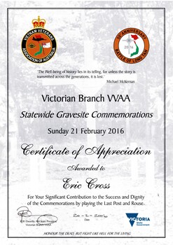 Victorian Branch VVAA Statewide Gravesite Commemorations, Sunday 21 February, 2016, Certificate of Appreciation awarded to Eric Cross.