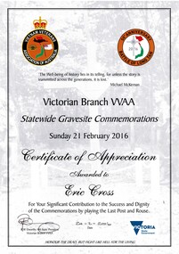 Victorian Branch VVAA Statewide Gravesite Commemorations, Sunday 21 February, 2016, Certificate of Appreciation awarded to Eric Cross.