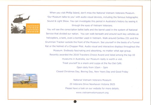 Back of National Vietnam Veterans Museum Calendar 2019