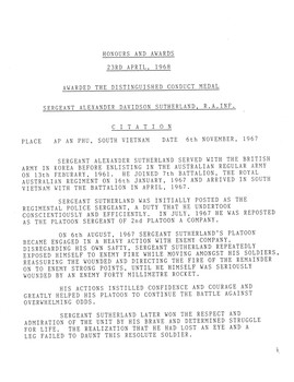 A Copy of the documentation for the Awarding of the Distinguished Conduct Medal to Sergeant Alexander Davidson Sutherland, R.A. Inf.