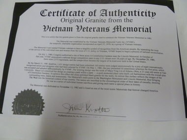 Ceremorial Object, Piece of the original granite from the Vietnam Veterans Memorial in the USA & Certificate of Authenticity, 1982