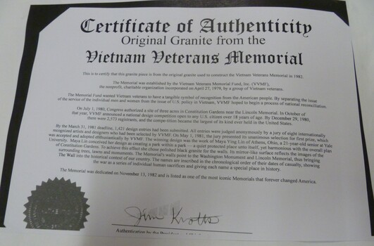 Certificate of Authenticity from the Vietnam Veterans Memorial