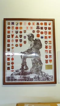 Framed print of a soldier sitting on a rock with many montage of patches representing South Vietnamese Units
