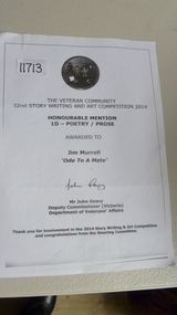 Certificate, ODE To A Mate