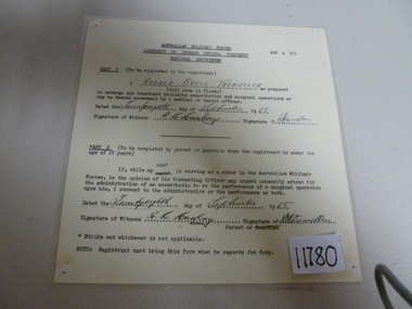 Document, Australian Military Forces. Agreement to undergo medical treatment, National Servicemen, 1965