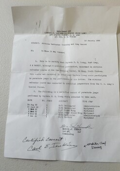 A letter for Capt. P.R. Young doing a refresher course for parachute jumping