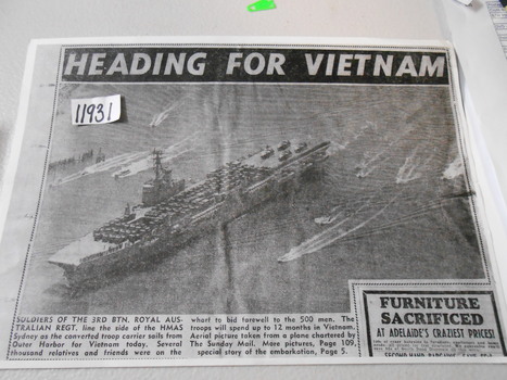Newspaper clipping from the Sunday Mail, South Australia of HMAS Sydney converted troop carrier leaving Outer Harbour for Vietnam.