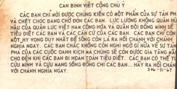 A small black and white propaganda flyer written in Vietnamese.