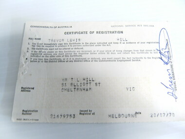 Certificate, National Service Reg Office, 20/07/1970 12:00:00 AM